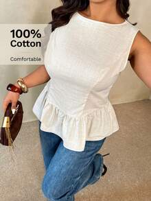 Auralis Blusa sin mangas de talla grande con textura y dobladillo con volantes, elegante para el trabajo/ir y venir, estilo preppy/blusa sin mangas con dobladillo acampanado y ribete con volantes / Blusa de talla grande casual para playa/vacaciones / Blusa de peplum blanca - Albaricoque - Ver 1