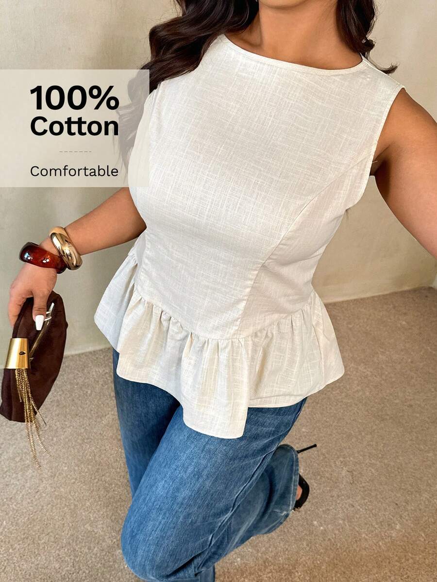 Auralis Blusa sin mangas de talla grande con textura y dobladillo con volantes, elegante para el trabajo/ir y venir, estilo preppy/blusa sin mangas con dobladillo acampanado y ribete con volantes / Blusa de talla grande casual para playa/vacaciones / Blusa de peplum blanca - Albaricoque - Ver 1