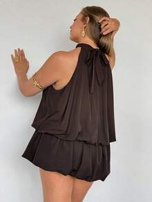 Auralis 新款露背系带短款吊带背心，宽松腰部喇叭迷你连衣裙/短裤内衬防止走光，休闲度假日常宽松穿着，精致优雅的高街风格 - 棕色 - 查看 3