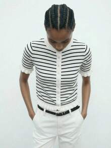 Maija 女士圆领短袖条纹休闲简约百搭薄款开衫 - 藍白色 - 查看 6