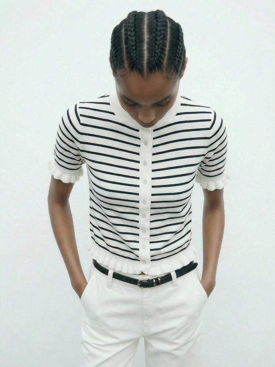 Maija 女士圆领短袖条纹休闲简约百搭薄款开衫 - 藍白色 - 查看 1