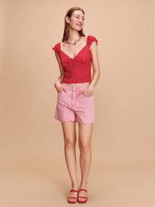 lacRébo Áo croptop dệt kim chấm bi đỏ với cổ áo hình trái tim và chi tiết ren, kiểu dáng dễ thương mùa xuân hè, phong cách Pháp, Paris. - Đỏ - Xem 5