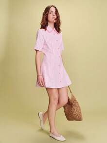 lacRébo 粉白格纹迷你衬衫裙，粉色刺绣领，可爱风格，春夏法式巴黎风情 - 彩色 - 查看 1