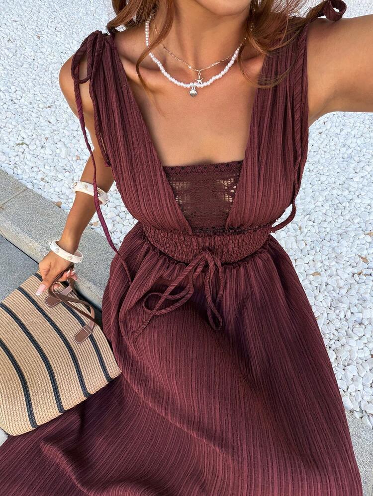 Beach Party Holiday Outfit Summer Wine Red Sleeveless Cinched Waist Lace Patchwork Mid-Length Dress For Women Sundress