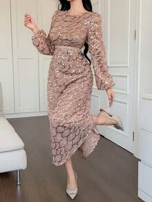 DAZY 亮片印花收腰长袖优雅连衣裙，女士夏季防晒连衣裙 - 粉色 - 查看 3