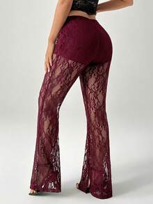 SHEIN PETITE Quần ống loe cạp cao bằng ren dành cho nữ, thích hợp cho kỳ nghỉ. - Màu Đỏ Sâu - Xem 3