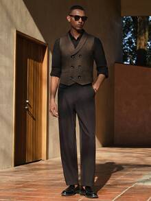 AKNOTIC Business Casual 男士纯色双排扣商务休闲马甲 男士棕色马甲 男士无袖服装 男士秋季系列 - 咖啡棕 - 查看 2