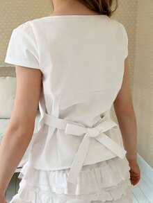 DAZY Tween Girls Solid Color Fitted Tie-Waist Puff Sleeve Blouse, Fall Summer - White - View 2