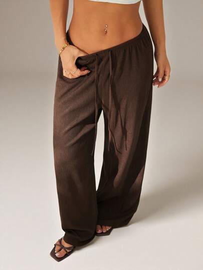 SHEIN PETITE Women's Solid Color Tie Waist Wide Leg Loose Casual Versatile Pants Brown Pants For Women