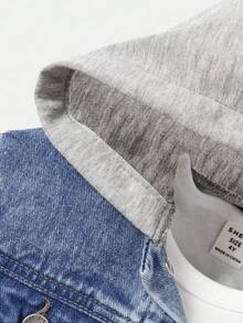 SHEIN Young Boy Casual Fashion Patchwork Hooded Denim Jacket, Suitable For Spring And Autumn, Zip Up Hooded Denim Jacket - Light Wash - View 3