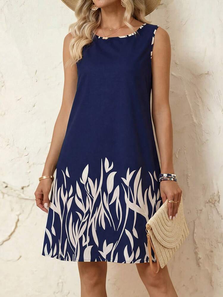 Women's Plant Printed Patchwork Sleeveless Dress