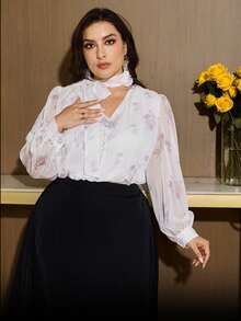 Modelyn 大码女式印花V领长袖衬衫 - 彩色 - 查看 6