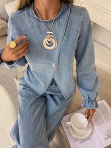 DAZY Conjunto informal de mujer con camisa de cuello redondo con cinturón y pantalón vaquero de pierna ancha, apto para boda o invitada, primavera/otoño - Azul lavado medio - Ver 3