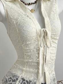 Elamini Sexy Casual Tie-Up Design Open Slit Waist Shirt For Women - Apricot - View 5