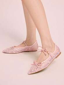 CUCCOO DOLLMOD 女士浅粉色网纱花朵刺绣时尚双蝴蝶结可爱优雅玛丽珍平底鞋 - 淺粉色 - 查看 3