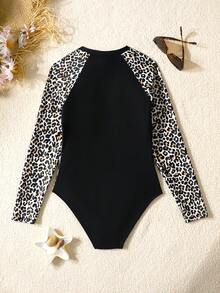SHEIN Teen Girls One Piece Swimsuit,Leopard Print Patchwork Zipper Surf Suit,Full Coverage Conservative Bathing Suit For Summer Beach Holiday Vacation - Multicolor - View 2
