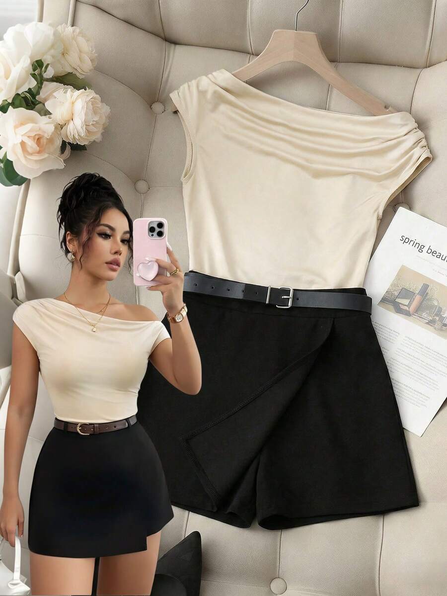 GlowEve Women's Casual Versatile Oblique Shoulder Top Paired With Shorts, Spring/Autumn 2-Piece Set, Women's Casual Suit Pants, Back To School Season, Women's Back To School Outfit - Multicolor - View 1