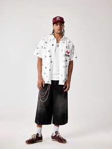 Tetris™ X SHEIN Men's Geometric Pattern Short Sleeve Single-Breasted Casual Pocket Shirt, - White - View 4