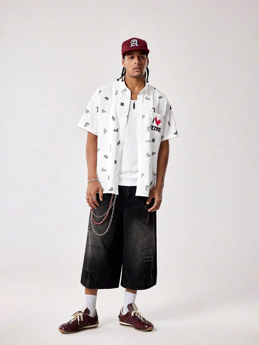 Tetris™ X SHEIN 男士几何图案短袖单排扣休闲口袋衬衫 - 白色 - 查看 1