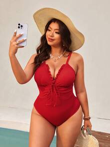 Swim Vcay New Summer Beach Vacation Retro Sweet Drawstring Adjustable Slimming Plus Size One-Piece Swimsuit - Burgundy - View 5