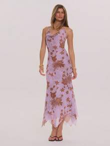 MUSERA Đầm maxi dài cổ yếm, dáng suông, chất liệu chiffon in hoa, thích hợp cho mùa xuân hè, thanh lịch, dự tiệc cưới, kỳ nghỉ, lễ hội, tuần trăng mật, quán cà phê. - Nhiều màu - Xem 5