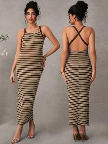 SHEIN Striped Long Maternity Dress With Open Back And Criss-Cross Straps - Multicolor - View 1