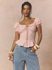 MUSERA Blusa con detalle de volantes, cuello de escote barco, mangas con pétalos y encaje, ideal para primavera y vacaciones, estilo dulce y femenino - Rosa - Ver 1