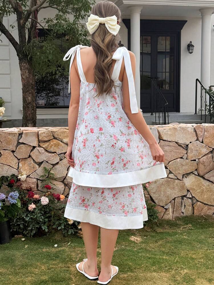 French Romantic Party Sequin Floral Print Layered Shoulder Tie Women Nightgown