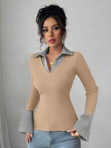 SHEIN Raffinéa 蓝色条纹印花撞色女式简约V领Polo衫，弹力修身打底，适合休闲、夜店、商务休闲、音乐会、办公室等场合穿着，尽显老钱风范。纯色罗纹针织面料，高弹力，超柔软舒适，亲肤贴身，修身剪裁，休闲日常性感派对街头度假旅行约会必备，春夏秋冬新款喇叭袖长袖T恤。 - 卡其色 - 查看 4