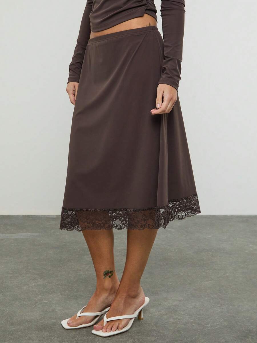 COUREZ Midi Skirt With Lace Trim Hem /Y2K Spring Clothes For Women Black Skirts Long Skirts Summer Outfits Spring Break Outfits Going Out Outfits Elegant Skirts - Olive Green - View 1