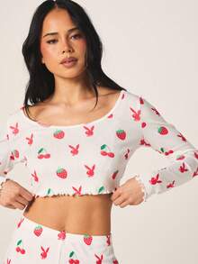 Missguided x Playboy Printed Pointelle Pajama Set With Long Sleeve Crop Top And Matching Shorts Fruit Cherry Strawberry Pattern - White - View 5