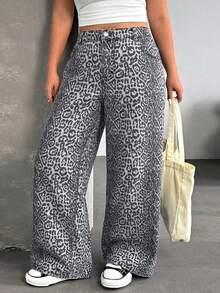 Jeanoix Y2K Streetwear Casual Plus Size Leopard Print Baggy Jeans - Multicolor - View 1
