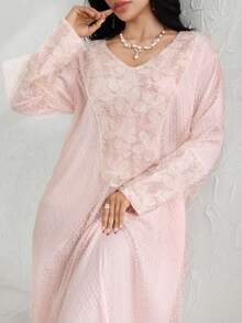 Al Najma Đầm dài tay dáng rộng, thanh lịch, thời trang dành cho nữ, chất liệu lưới jacquard, phối nhiều mảnh. - Hồng - Xem 3