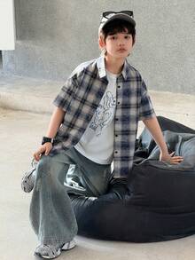 DAZY Tween Boy Plaid Short Sleeve Single-Breasted Casual Loose Shirt Summer - Blue - View 6