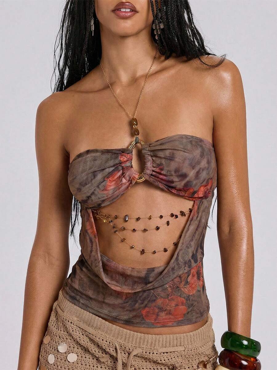ROMWE Áo hai dây hở lưng, cổ xếp ly, phong cách Y2K cá tính, bụi bặm, boho, họa tiết da báo và hoa, điểm nhấn là dây xích ở eo, trang trí bằng dây xích. - màu nâu - Xem 1