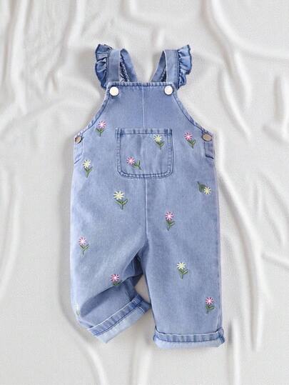 SHEIN Vintaside Kids 1 件装女婴可爱刺绣花卉牛仔连体裤，适合外出或聚会休闲