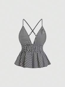 Sweetra Women's Striped Criss-Cross Back Ruffle Hem Camisole - Multicolor - View 1