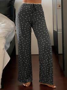Livesso Ditsy Floral Knit Contrast Trim Waist Loose Straight Leg Long Pajama Pants, Suitable For Summer And Spring, Women - Dark Grey - View 6