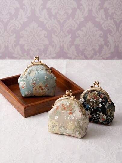 Cirelle Vintage Kiss Lock Clutch – Jacquard Brocade Metal Frame Coin Purse, Lightweight Retro Wallet For Cards, Keys & Cosmetics, Everyday Carry Bag