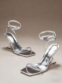 SHUZIA Women's Minimalist Sexy Ankle Strap Wedge Sandals - Silver - View 5