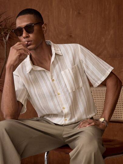 AKNOTIC 男士梭织条纹修身短袖休闲衬衫，适合夏季，老款