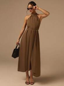 COSMINA 女士优雅无袖系腰连衣裙，适合约会、通勤、外出，春季及所有季节皆宜 - 棕色 - 查看 1