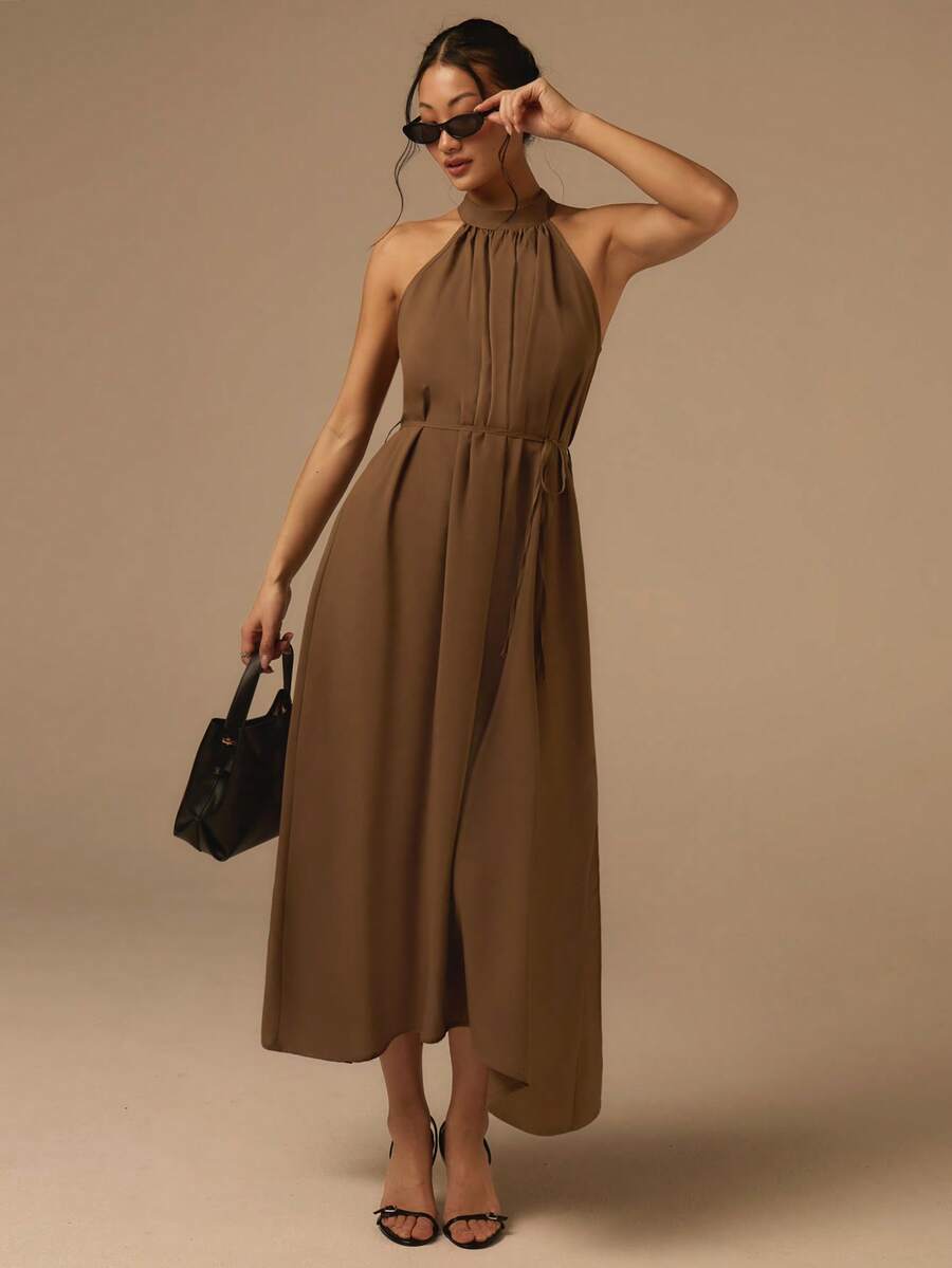 COSMINA 女士优雅无袖系腰连衣裙，适合约会、通勤、外出，春季及所有季节皆宜 - 棕色 - 查看 1
