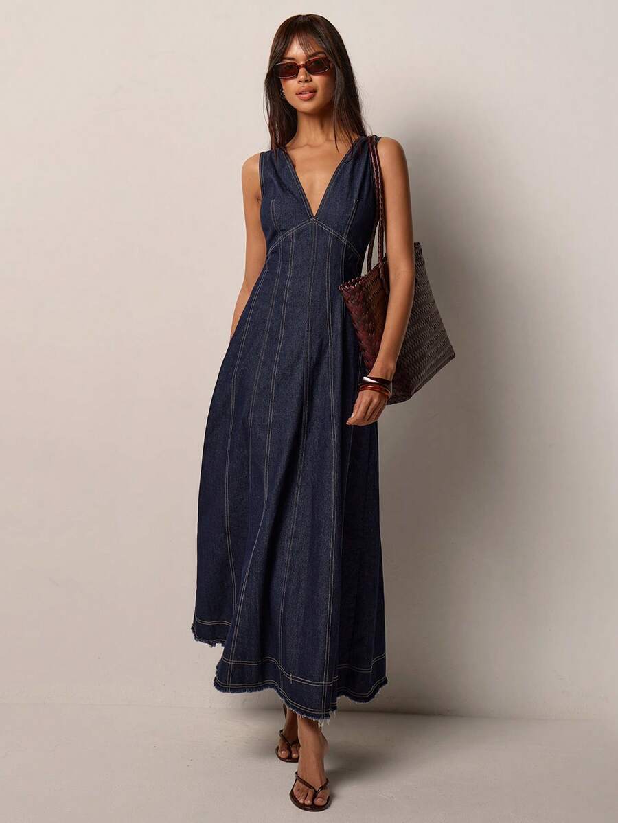 COSMINA Women's Deep V-Neck Sleeveless Casual Denim Dress - Dark Wash - View 1