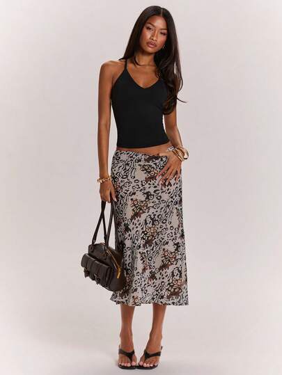 SHEIN BAE Spring/Summer Festival Party Rave Leopard Print Animal Pattern Low-Waist Mid-Length Skirt, Fashionable Streetwear, Sexy Mini Skirt, Club Mini Skirt, Outing Mini Skirt, Music Festival, Carnival Party, Leopard Print Mini Skirt, Y2K Mini Skirt, Vintage Mini Skirt,Summer Outfit For Women