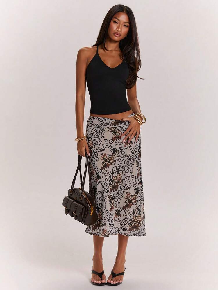 SHEIN BAE Women's Grey Leopard Print Low-Waist Mid-Length Skirt,Summer Casual Animal Pattern Streetwear For Date,Festival Rave Party Club Y2K Vintage Outfit - Apricot - View 1