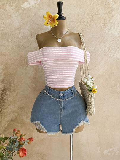 Soleia Pink Striped Off-Shoulder Knit Top For Women