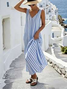 SHEIN Holidaya 女士新款V领无袖宽松摆裙，适合度假、旅行和休闲穿着 - 藍白色 - 查看 3