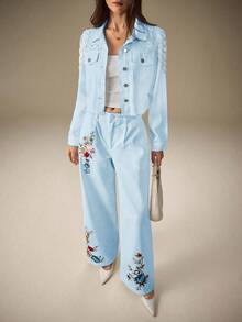 Selenza Áo sơ mi denim dài tay một hàng cúc, đa năng, dành cho nữ, trang trí giả ngọc trai. - Màu xanh lam - Xem 3