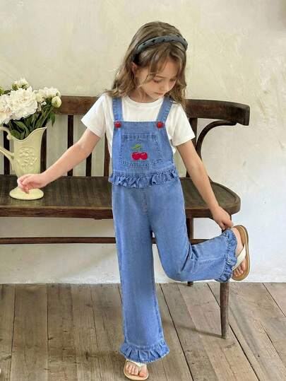 LMoss Kids Young Girl' Heart Button Cherry Embroidery Blue Denim Loose Fit Bib Pants